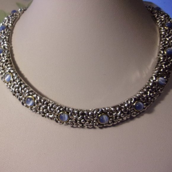 "Blue Cat's Eye Silver Tone Choker Necklace " - Picture 1 of 7